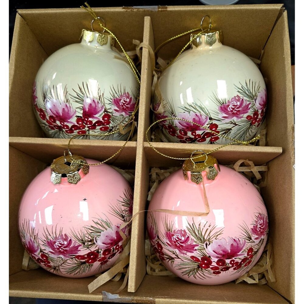 Allen + Roth Large Floral Design Glass Ornaments- Set of 4 Pink Ivory